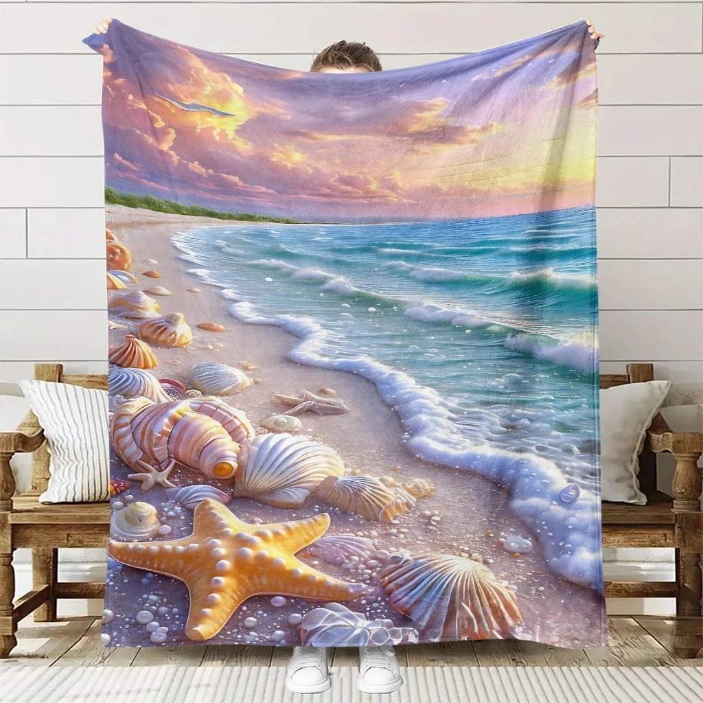 1pc Skin-Friendly Flannel Blanket with Ocean Wave, Beach, and Seashell Theme, High-Definition Digital Print, for Sofa or Bed Cov