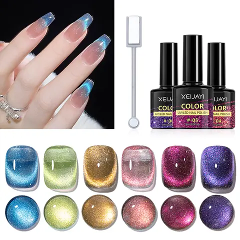 6pcs Cat Eye Gel Nail Polish Set, Reflective Magnetic Gel Polish And Stick, Soak Off Cat Eye Gel Polish Manicure Nail Art Gift F