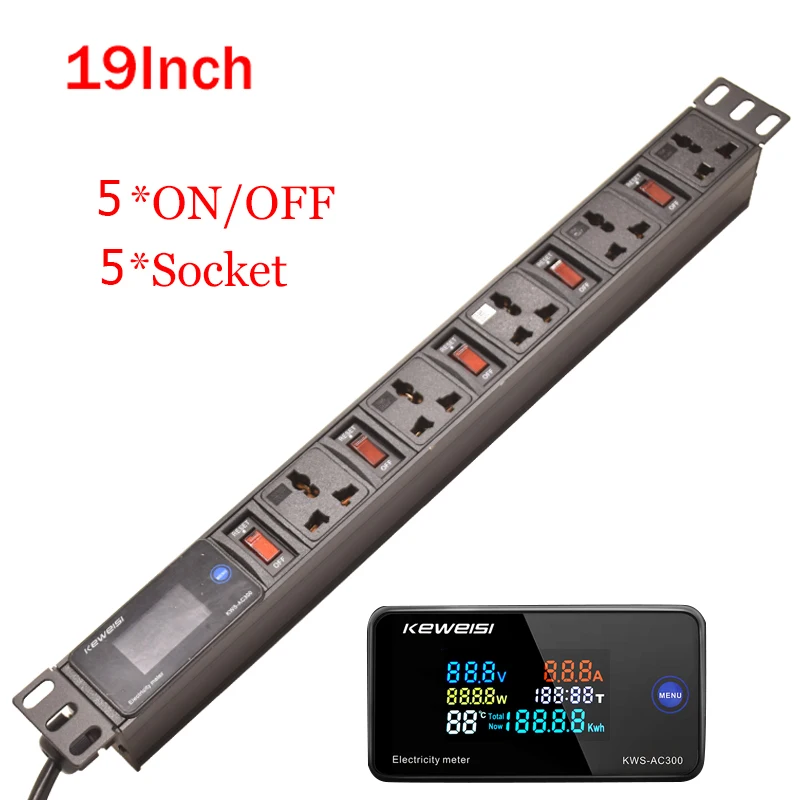 19inch PDU Power Strip Independent Switch 5ON/OFF 5Ways Universal Socket Power Distribution Unit 1U Cabinet Rack Mount