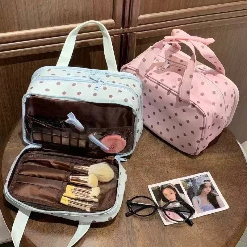 Koreanischer Stil, Minzfarbene Kaffeetasse mit Punkten, Kosmetiktasche, dreilagiger Organizer mit großem Fassungsvermögen, Reise-Toilettentasche, kann am Gepäck befestigt werden, Geschenk. – Detail 1