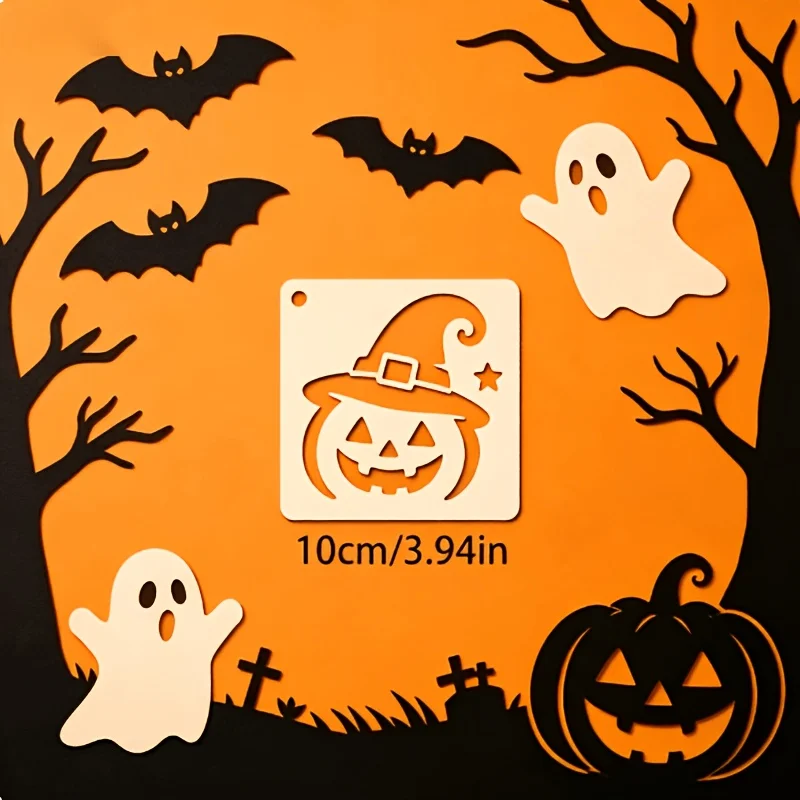 9 Halloween-Ausschnitt-Malschablonen, wiederverwendbar, mit aufgedruckten Bildern von Hexen, Geistern, Kürbissen, Fledermäusen und Cartoon-Katzen; geeignet für Bastelarbeiten, Taschen, Holzbretter und Papier-Graffiti-Sprühlackierungsdekorationen. – Detail 5