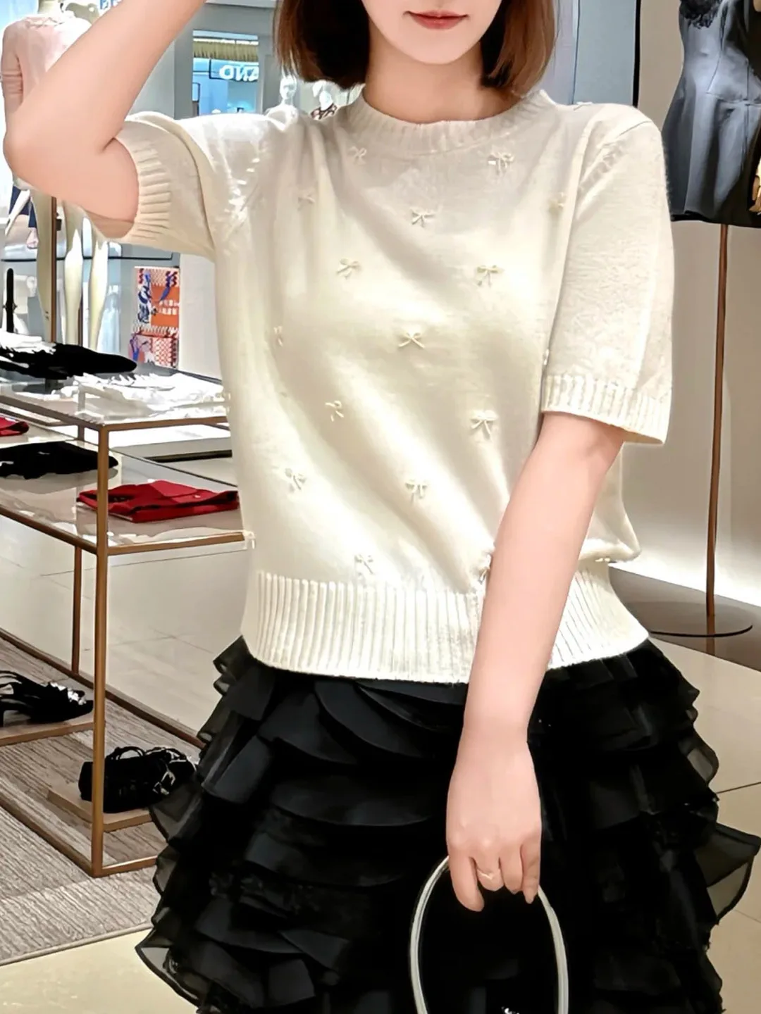 

Early Autumn Knot Water Diamond Decorated Wool Blend Knitted Sweater Soft Double Knit Base irt French S...