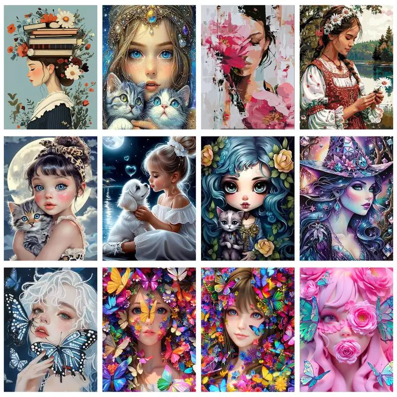 Картина маслом CHENISTORY: Женщина в стиле мультфильма, рисованная на холсте, ручная работа, подарок, набор для рисования по номерам, декор для дома