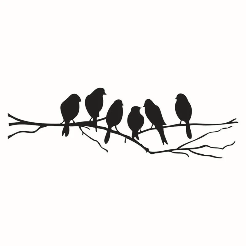 Six Cute Little Birds on the Tree Branch Vinyl Wall Stickers Home Decoration for Room Carved Wallpaper on the Door Window Fridge