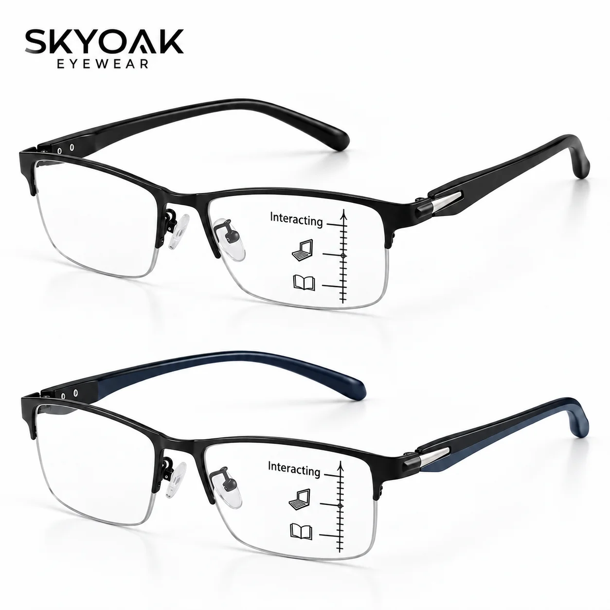 SKYOAK 2 Pack TR90 Half Frame Progressive Multifocal Reading Glasses Men Blue Light Blocking No-Line Computer Presbyopia Readers