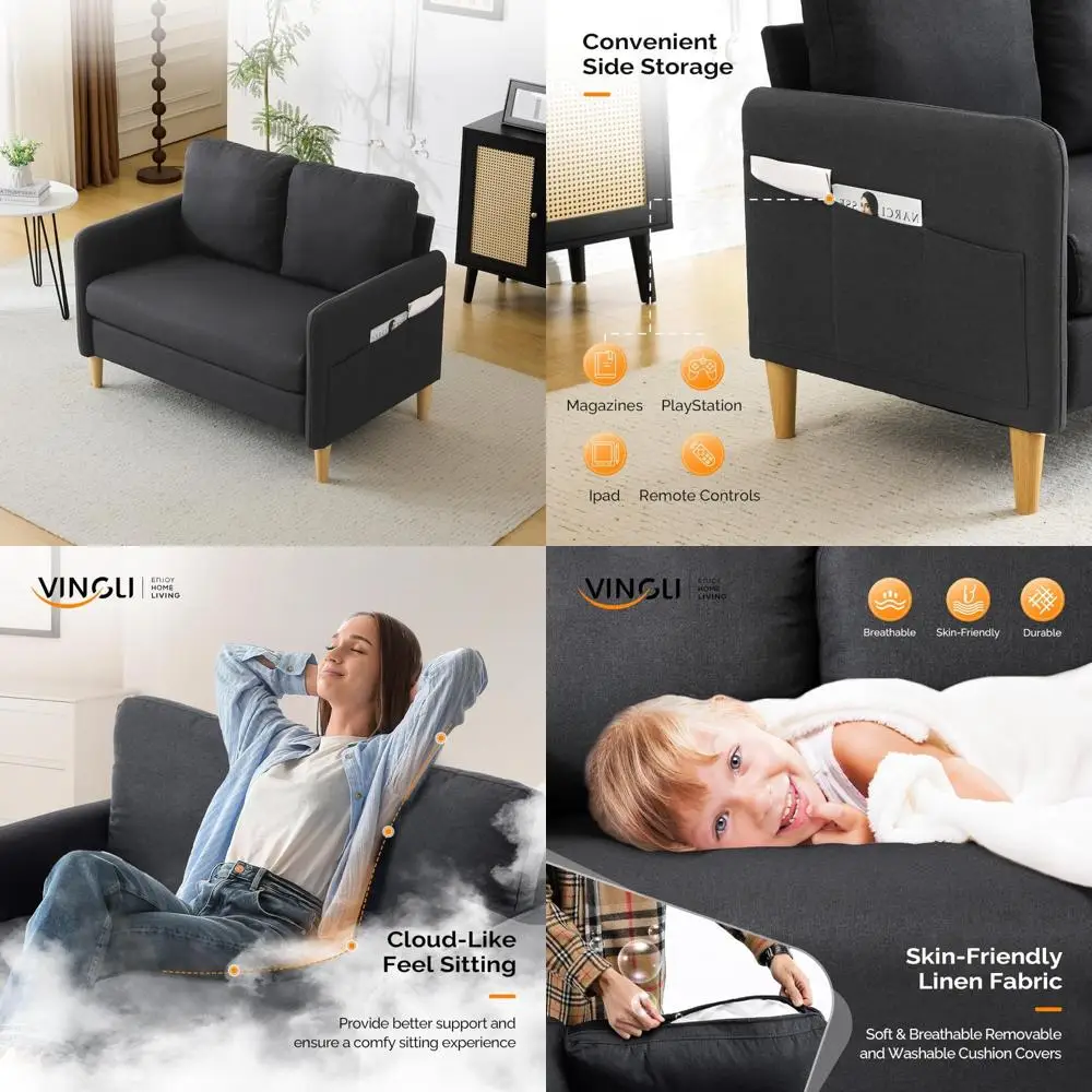 

Compact Black Linen Loveseat Sofa for Small Spaces, Mid-Century Modern Style Living Room or Bedroom