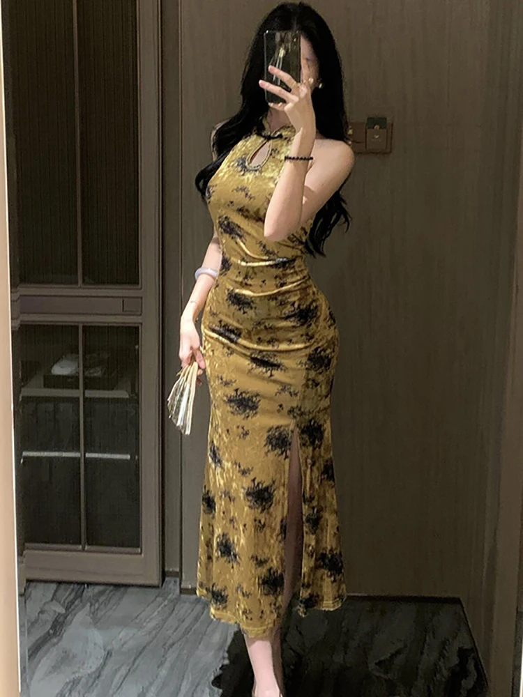 Women Print Velvet Chic Neck-mounted Sexy Long Dress Spring Summer Elegant Ruffled Evening Dress 2026 Korean Vintage Party Dress