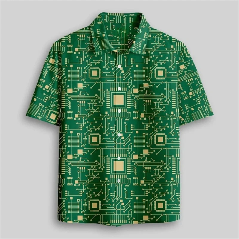 Men's Personalized Shirt 3D Printed Mathematical Symbols Circuit Board Short Sleeve Button Collar Shirt Large Casual Loose