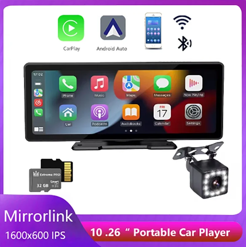 

Universal 10.26 inch Car Monitor Wireless CarPlay Android-Auto HD Screen Camera Bluetooth FM Transmitter USB TF Video Player
