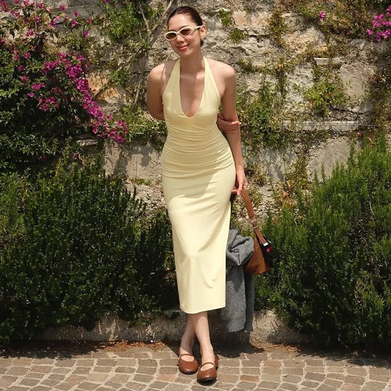 

Ticketsx Yellow Deep V Neck Dress Women's Lace Up Halter Sleeveless Backless Summer Sexy Dress Lady Elegant Party Formal Dress