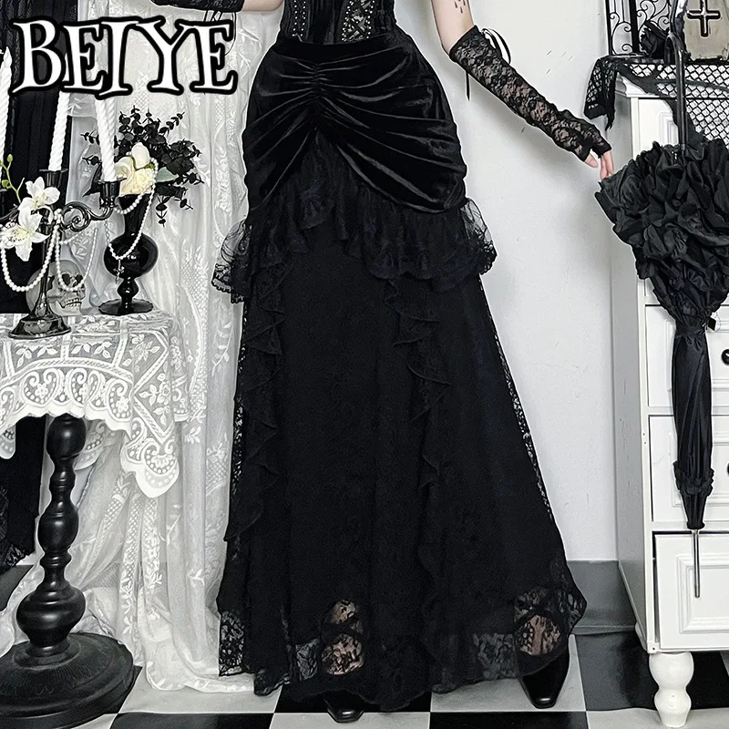 Gonna in velluto stile palazzo vintage Donna Gotico scuro Halloween Cosplay Patchwork in pizzo Gonne per banchetti a vita alta