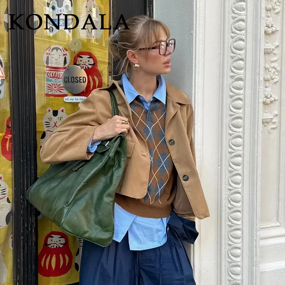 콘달라 2025 가을 겨울 빈티지 체크 여성 폴로 셔츠 패션 우아한 니트 풀오버 브라운 여성 시크 셔츠