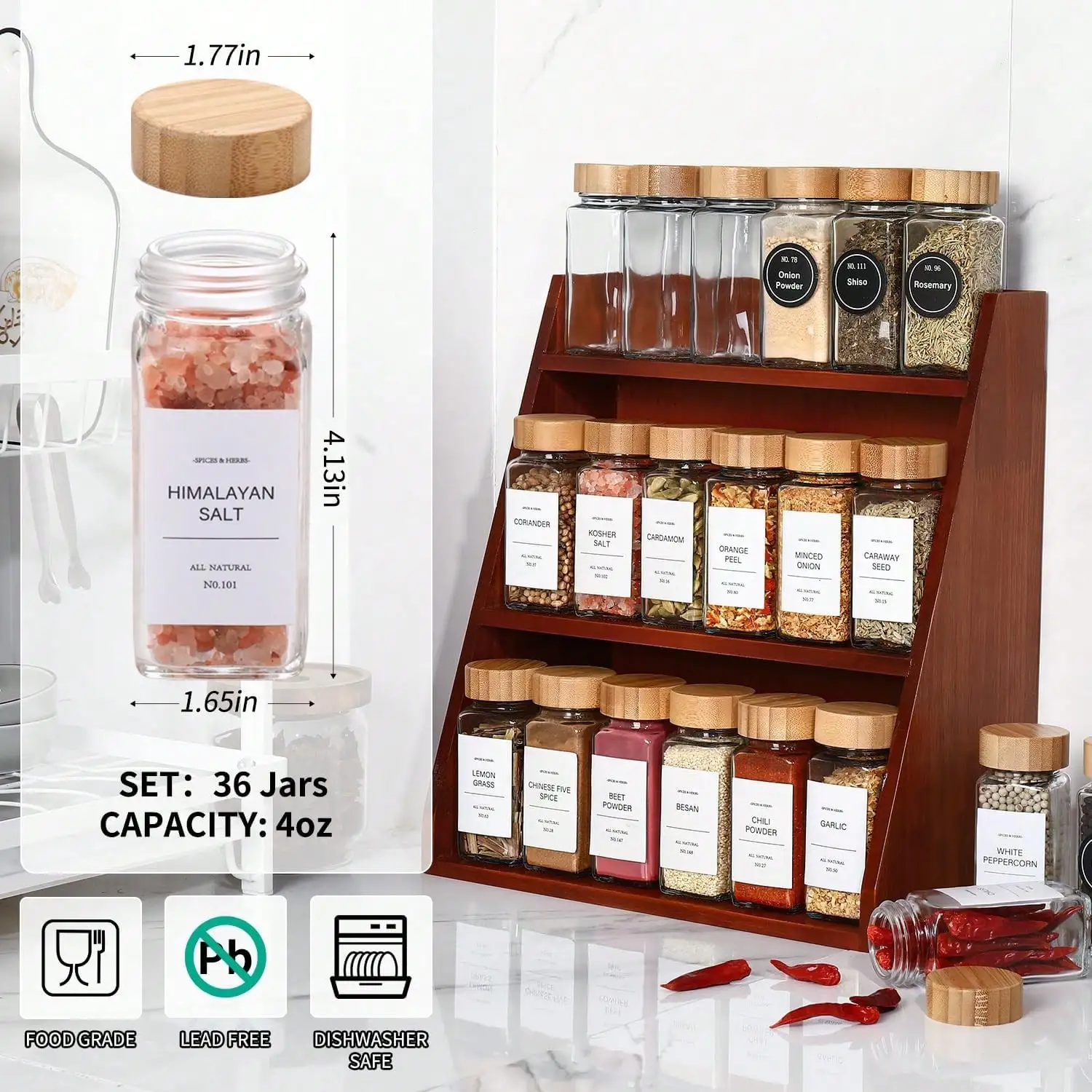 برطمانات توابل فارغة مع عبوة ملصقات (12 جرة زجاجية بغطاء من الخيزران). زجاجات تخزين التوابل الصغيرة سعة 6 أونصة.