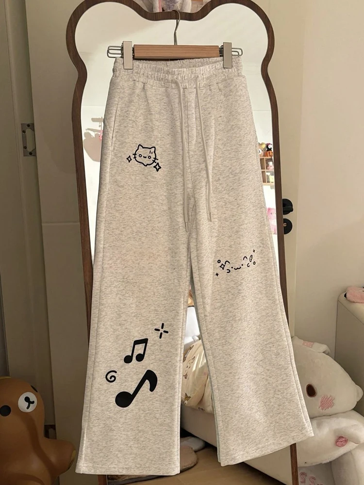 Fall Cute Cartoon Pants Women Preppy Style High Waist Sweet Kawaii Trousers Casual Loose Female All Match Lace Up Wide Leg Pant