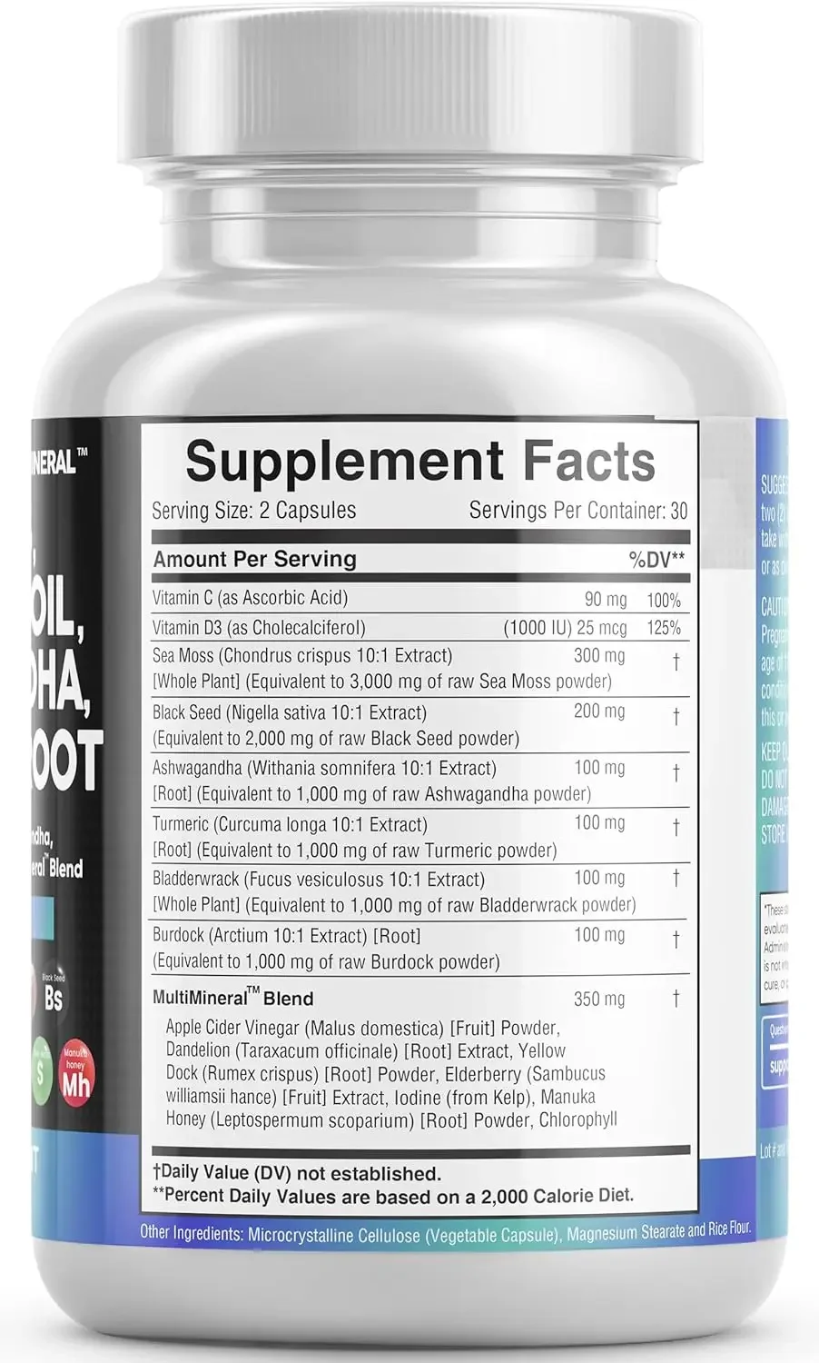 Sea Moss 3000mg Black Seed Oil 2000mg Ashwagandha Turmeric Bladderwrack 1000mg Burdock 1000mg & Vitamin C