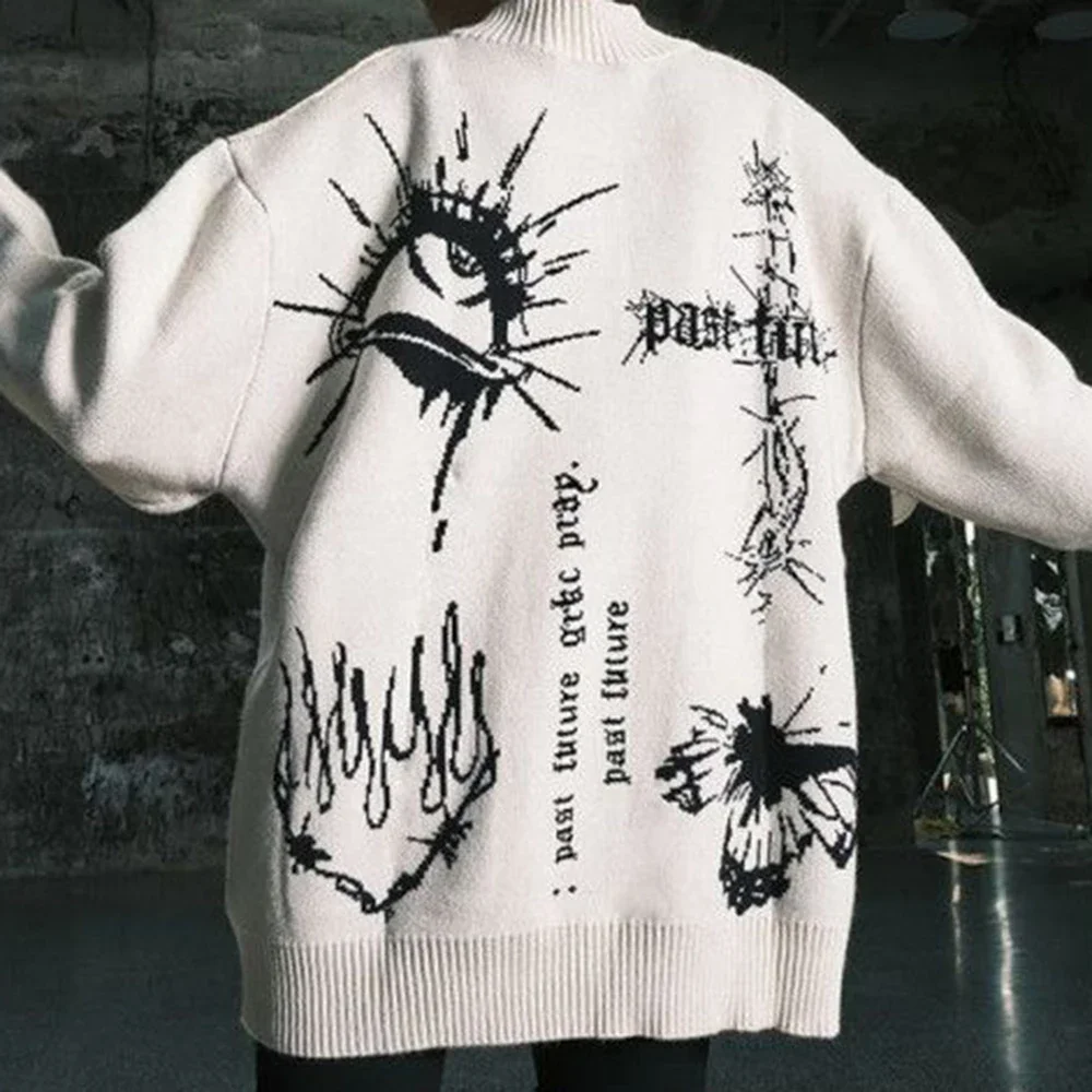 Mens Y2k Graffiti Casual Knitted Sweater Autumn Winter Genderless American Trend Street Loose Lazy Style Versatile Jacket Unisex