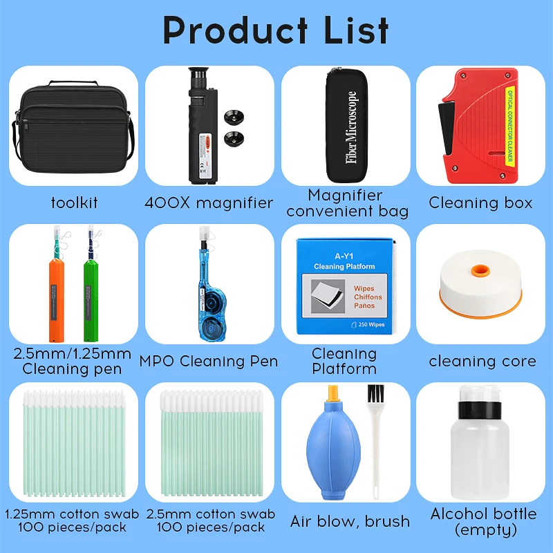 Fiber Optic Cleaning Tool Kit 400X Optical Fiber Magnifier Fiber Cleaning Box SC/FC/ST/LC 1.25MM/2.5MM MPO MTP Fiber Cleaner Pen