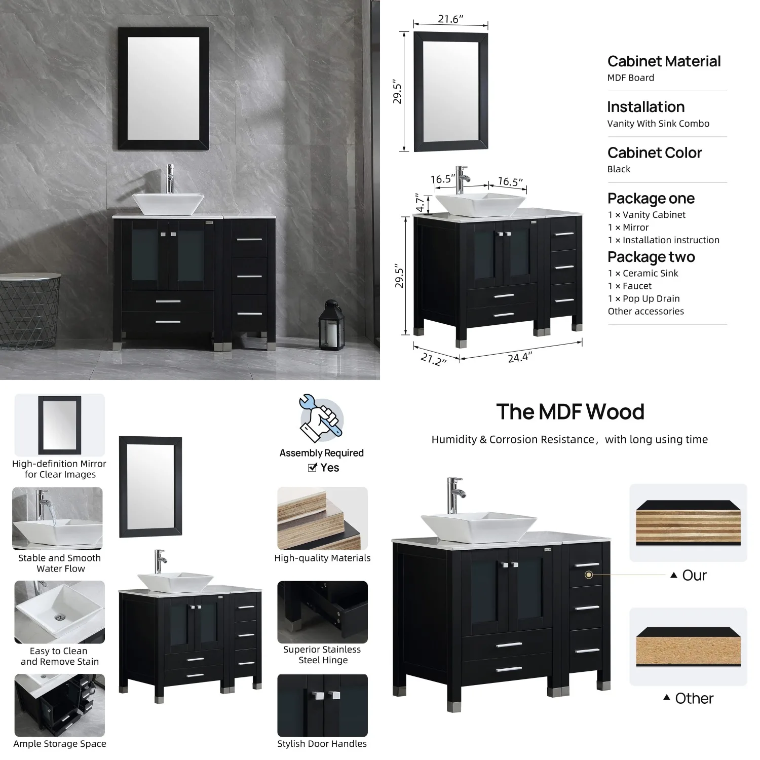 

36" Black Bathroom Vanity Sink Combo Wood Cabinet Ceramic Vessel Faucet Drain Mirror Set, Customized