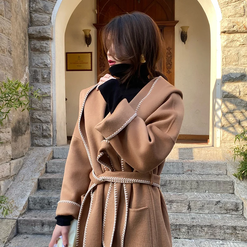 Autumn and Winter New Decorative White Border Coat for Women With Belt Hooded Mid Length 100% Pure Wool Double Sided Wool Coat