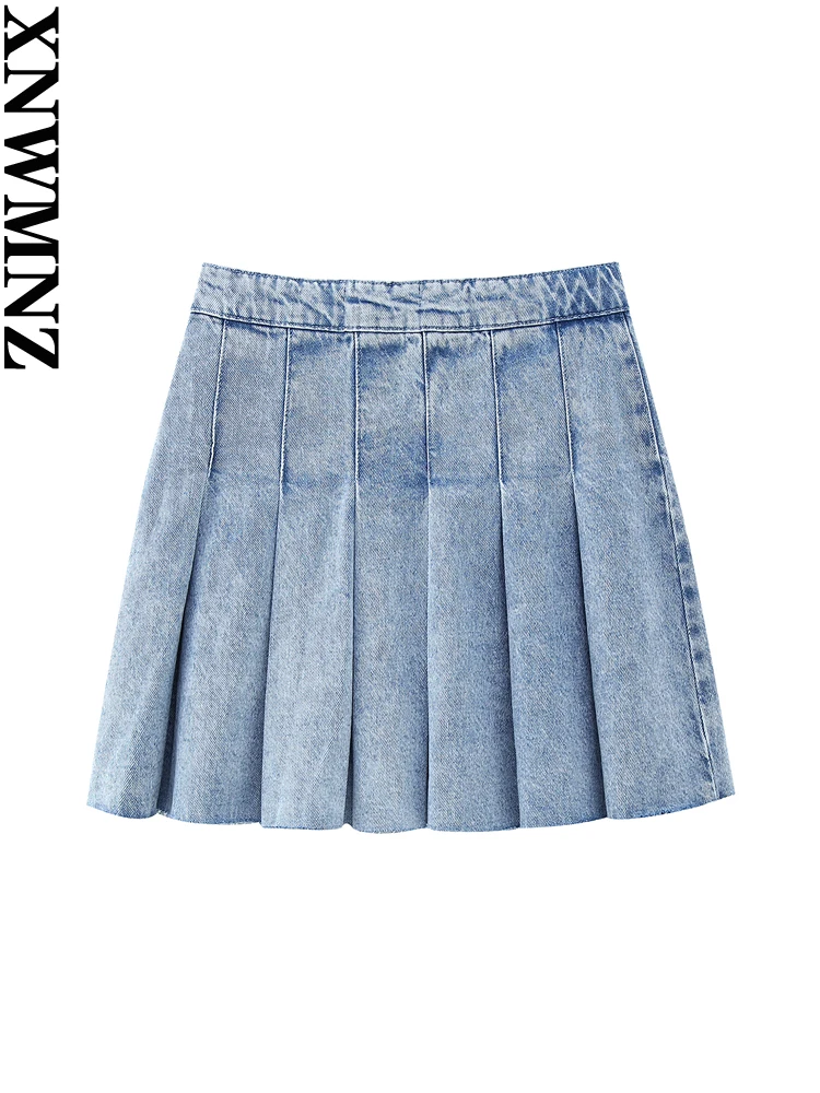 XNWMNZ 2023 Women fashion denim box pleat mini skirt woman high street high waist side zipper female chic skirt