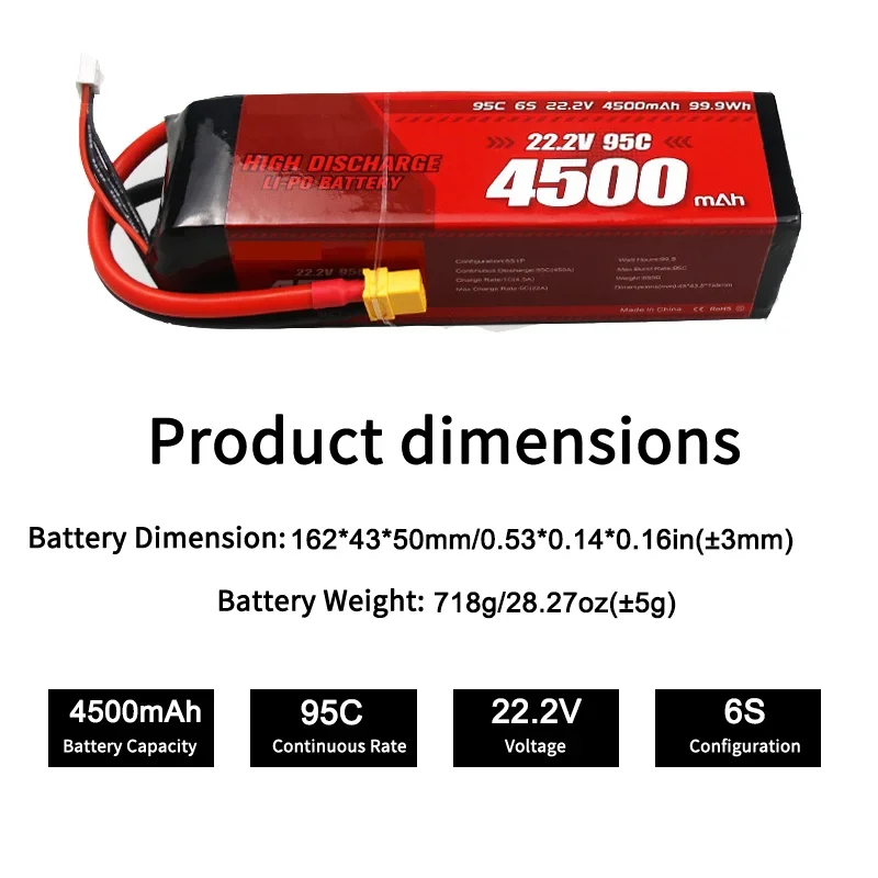Professional High Rate 4500mAh 6S 22.2V 95C Premium Lipo Battery Special For RC Model Aircraft