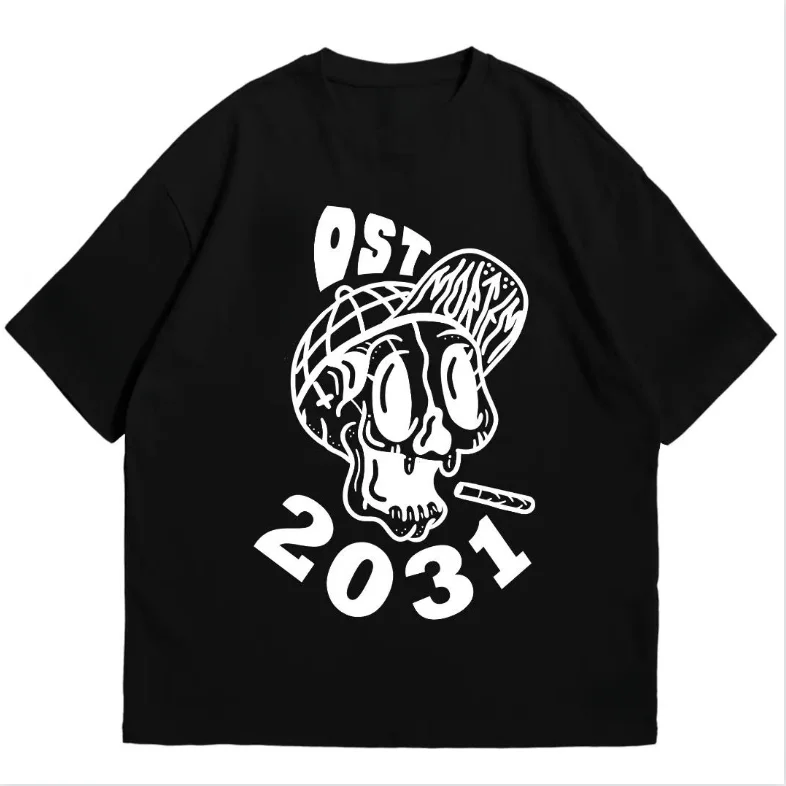 2025 verão rua crânio chapéu impresso camiseta de manga curta y2k em torno do pescoço solto camiseta de algodão masculino