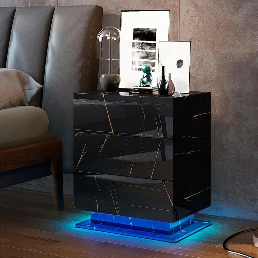 LED Nightstands with 3 Storage Drawers, Wooden Smart Side Table End Table for Bedroom, Living Room, Office, Nightstand