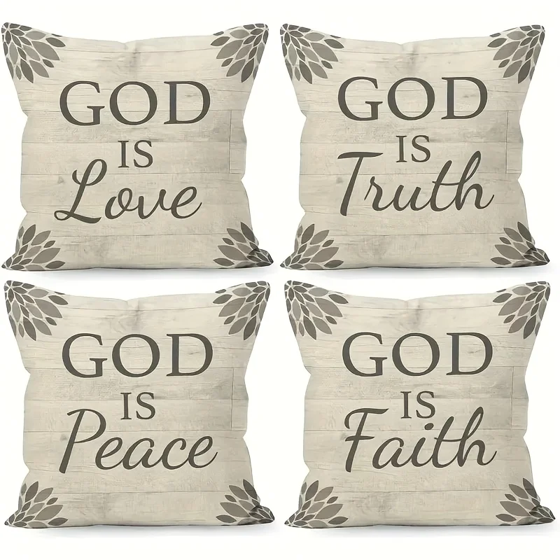 Inspirational 4 Piece Pillow Covers Set God Is Love Truth Peace Faith Printed Polyester Throw Pillows for Boho Christian Home De