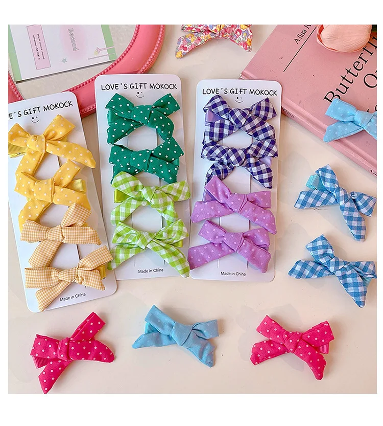 2026 4PCS/Set Kids Hair Clips Gingham Floral Bow Hair Barrettes No Hurt Hair Non Slip Soft Fabric Toddler Girls Accessories Gift