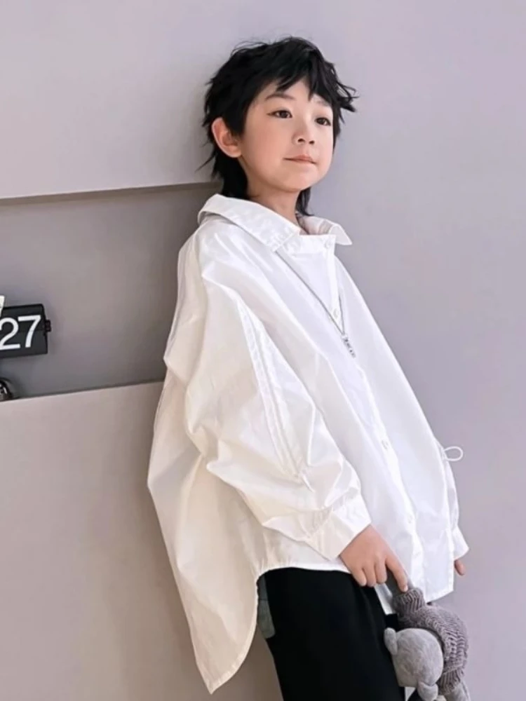 Boys Irregular Hem Long Sleeve Shirt Spring Autumn Korean Style Casual Loose Fit Button Up Top Trendy Streetwear