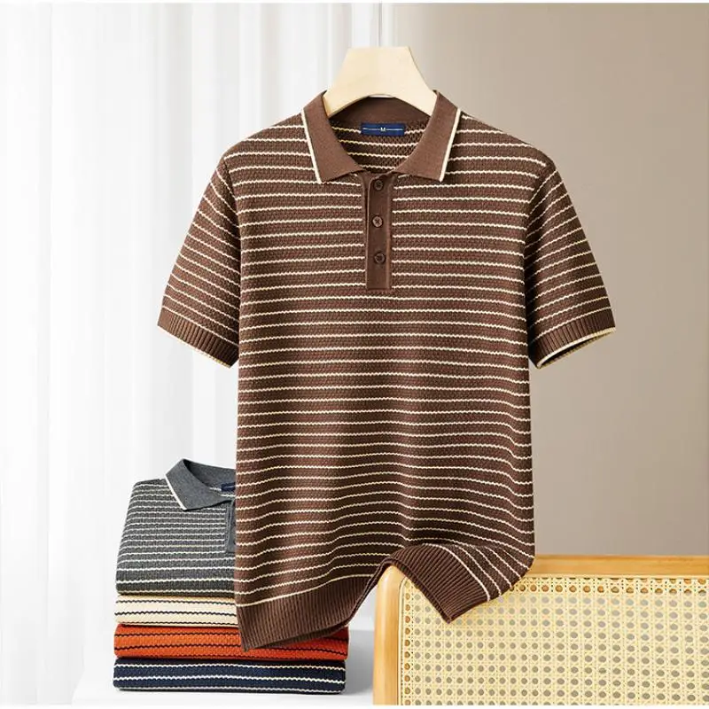 High Elastic Coolness Knitted Men's Polo Shirts Short Sleeve Ice Summer Quality Soft Comfortable Striped Leisure Polos De Hombre