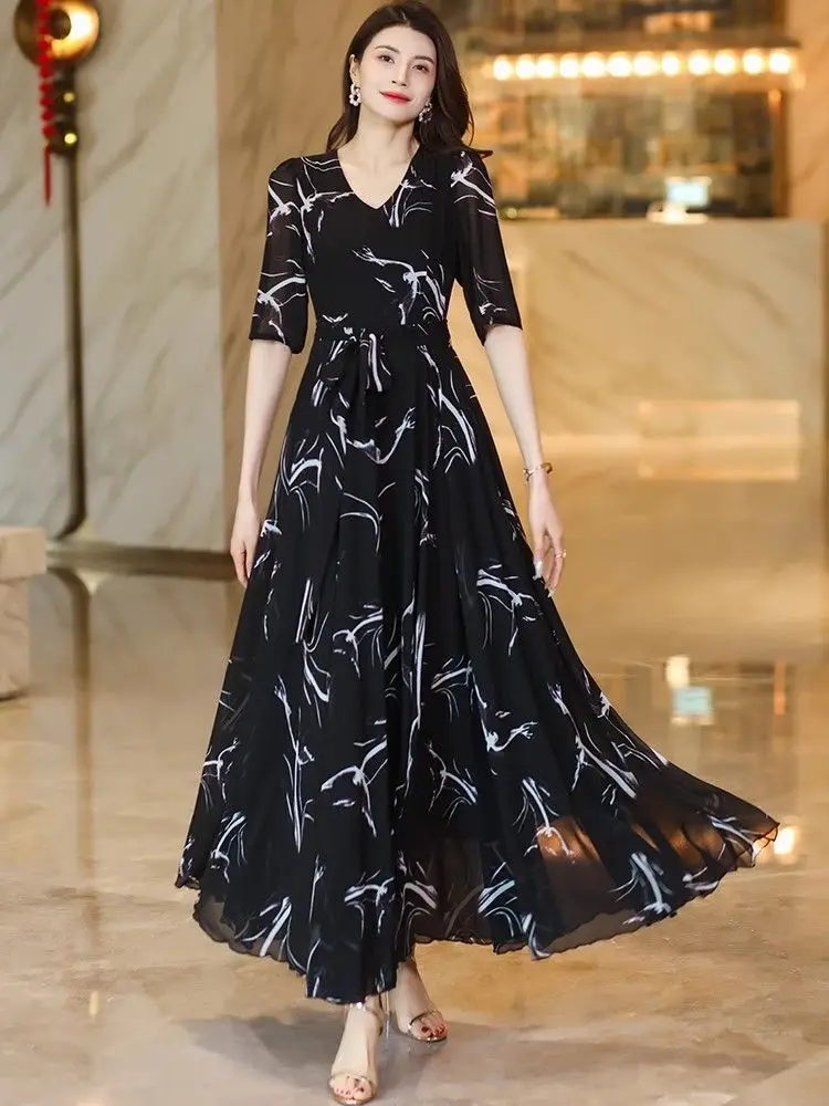 Vestido de Verão com Estampa para Mulheres, Elegante, Decote em V, Manga Curta em Pétala, Vestido Midi de Chiffon Versátil para Festas e Trabalho S922