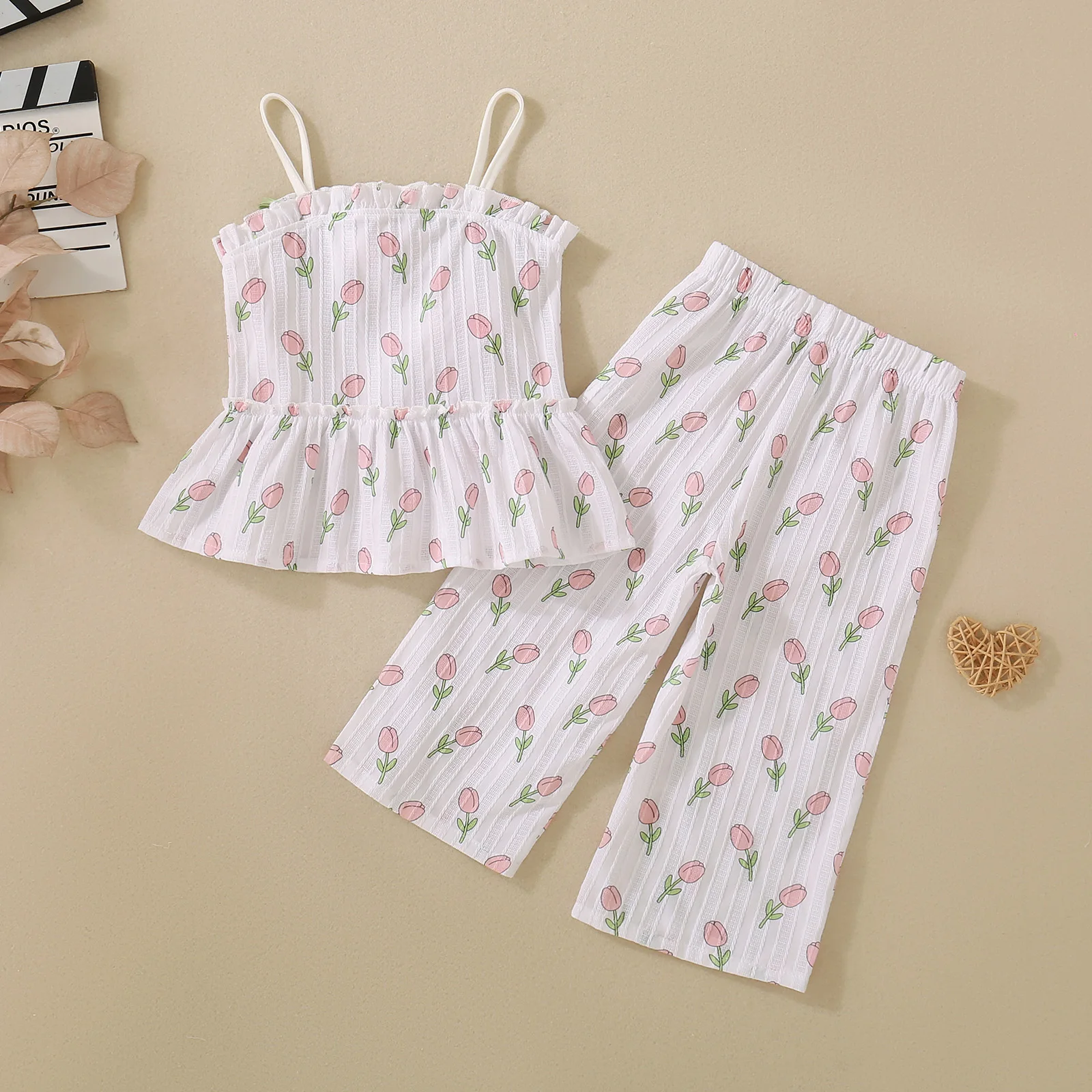 Spring and Autumn Baby Girl Toddler Tulip Printed White Strap Skirt and Tulip Printed Pants Two-piece Set