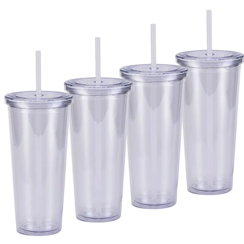 4pcs/set Popular 24oz Straight Cup Plastic Water Bottle With Lid and Straw Double Wall Clear Juice Milk Cups For Birthday Party