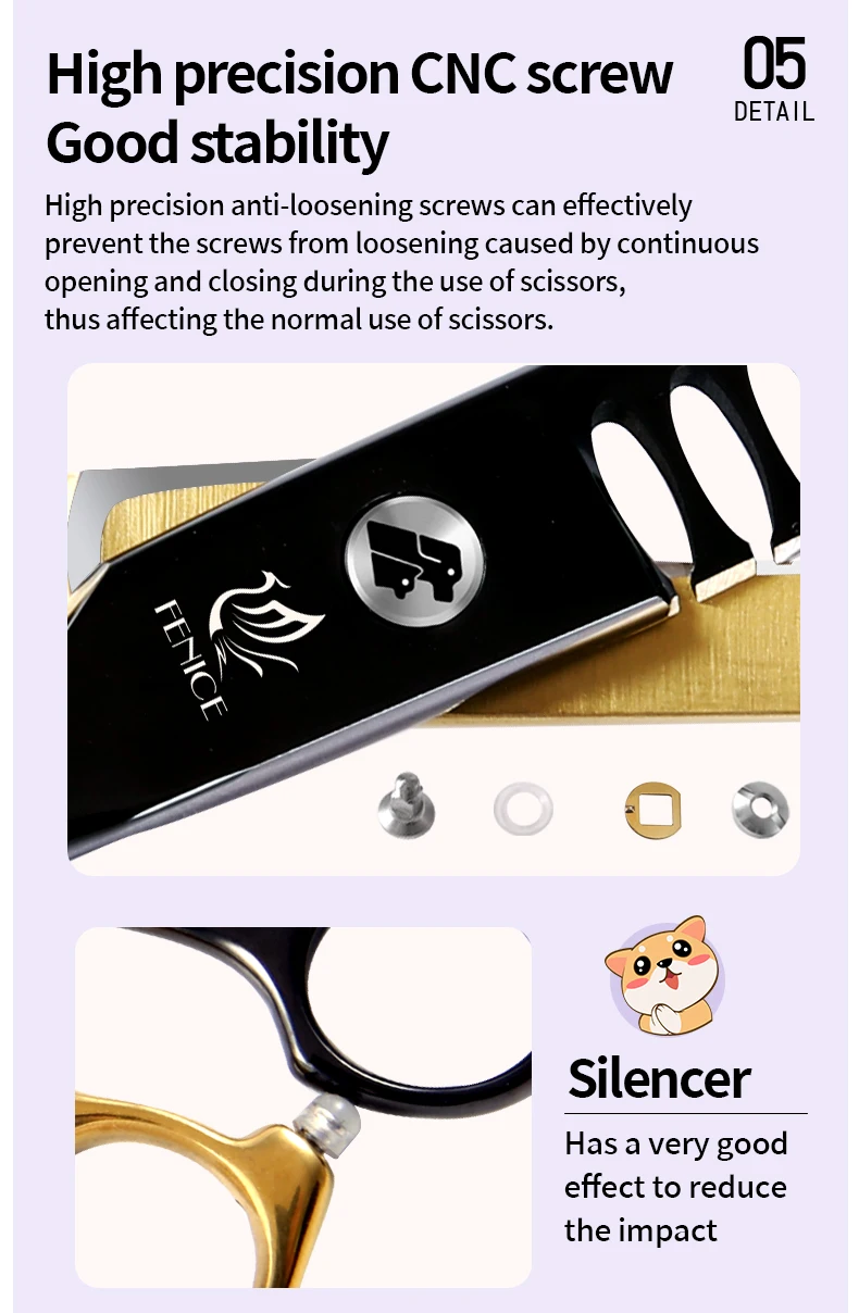Fenice Professional Schwarz und Gold zweifarbige Hunde pflege Schere für kleine Hunde gerade gebogene Ausdünnung schere – Detail 9