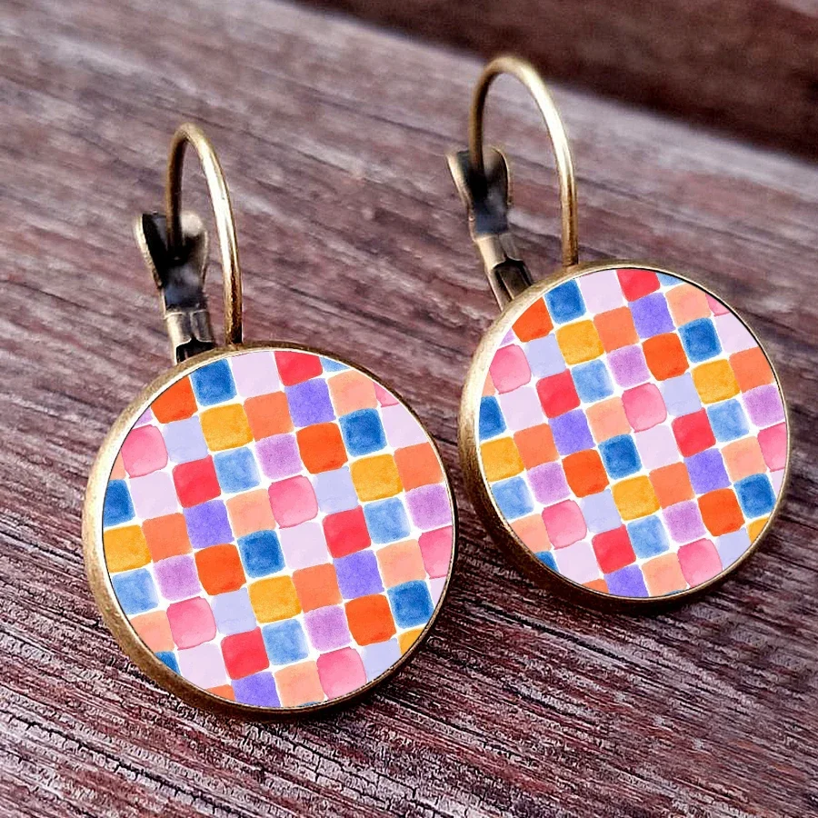 New color square earrings personalized square pattern Glass Cabochon Womens Earrings girl\'s favorite color matching earring