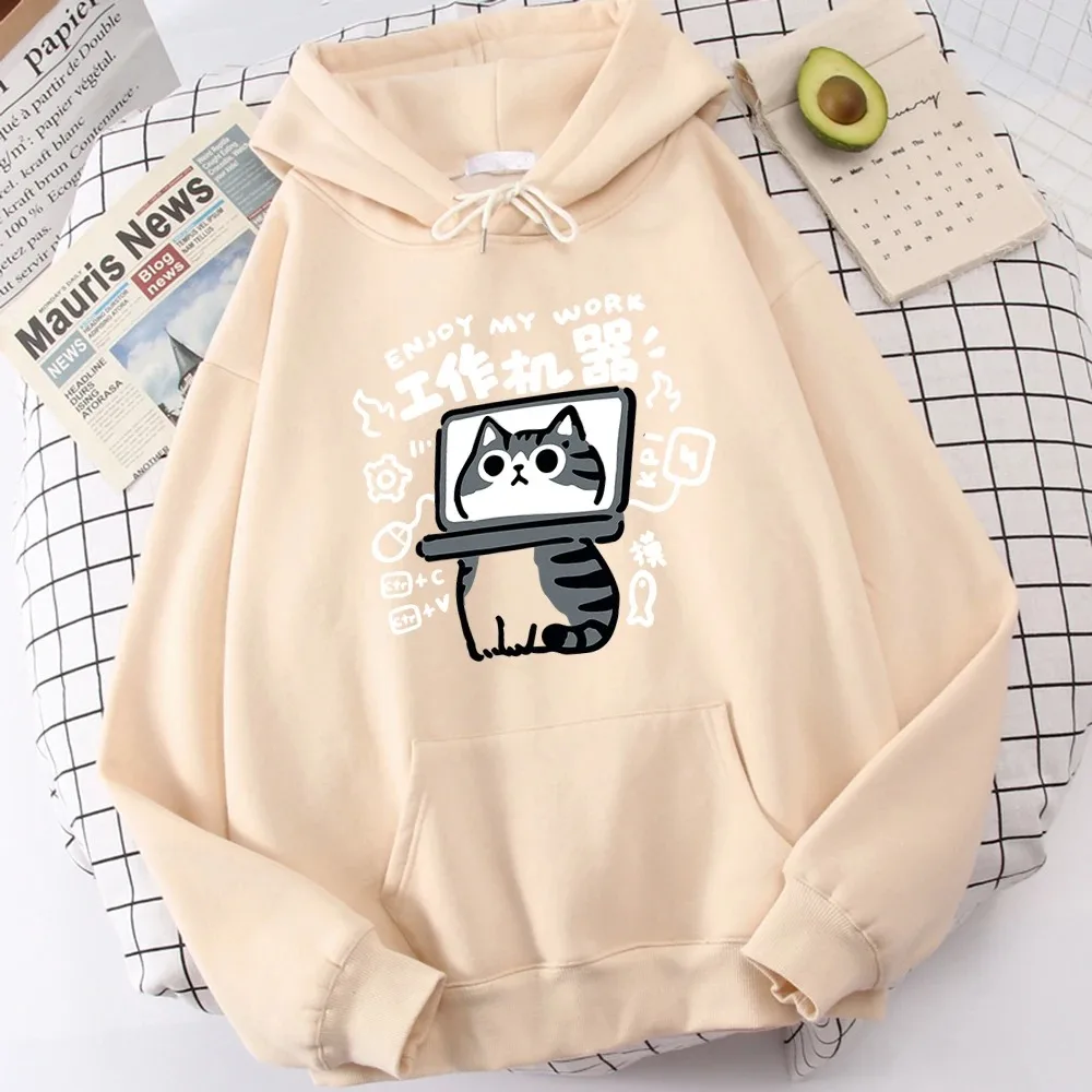Cartoon Cat Is An Abstract Work Machine  Pullover Comfort Harajuku Leisure Youth Hoody Youth Cartoon Clothing Kangaroo Pocket
