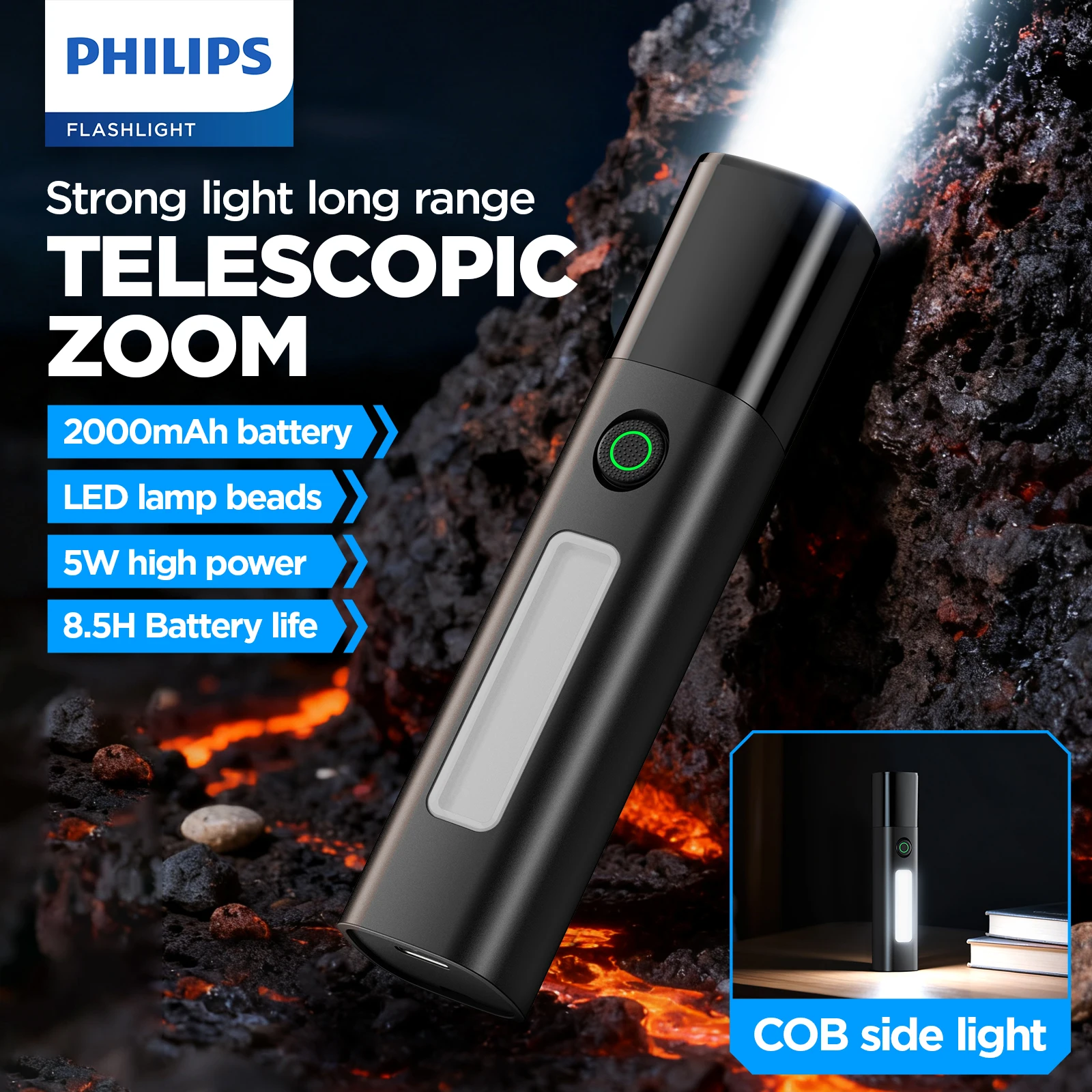 Philips SFL 1151 Flashlight with Powerful Long-Range Zoom COB Side Light Multi-Scenario Use for Work Camping Reading