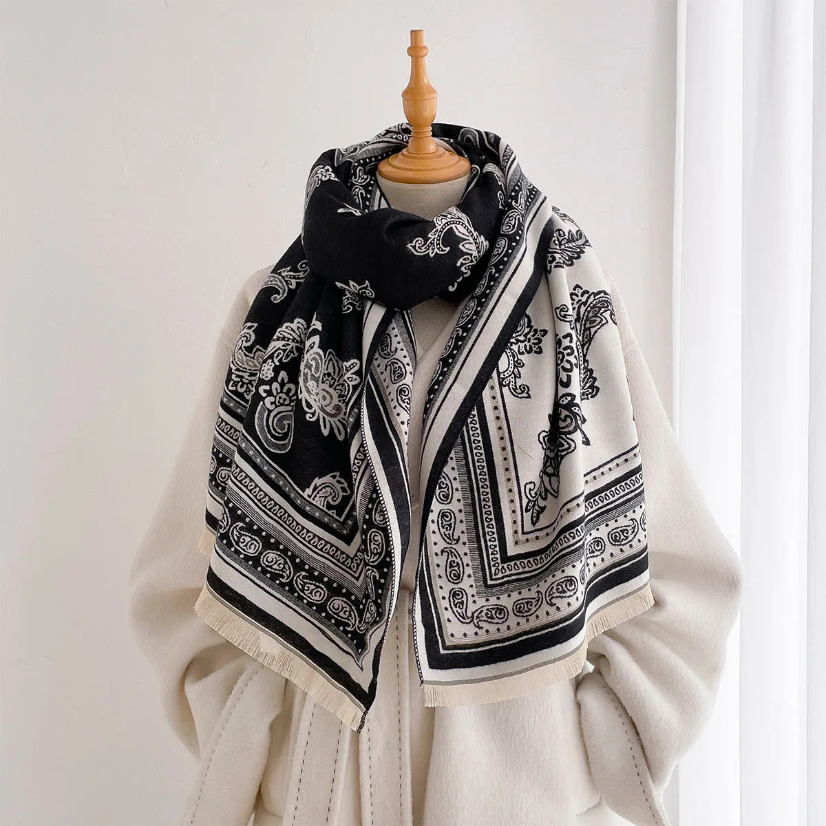 Ladies Thickened Faux Cashmere Reversible Scarf Neutral Tone Scroll Floral Border Print Fringe Long Shawl Windproof Oversized
