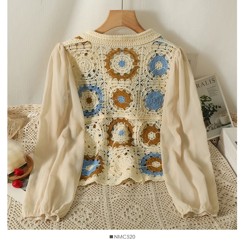 Granny Square Top Long Sleeve Button Front Collared Open-knit Crochet Cardigan Women Teengirl Spring Summer Fairycore Outfit