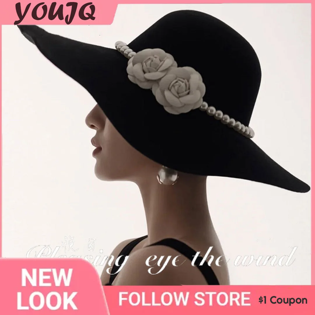 New High-grade Wool Felt Hat Women's Autumn and Winter Fashion Style Jazz Hat Panama Hat Pearl Camellia Flower Wedding Hat