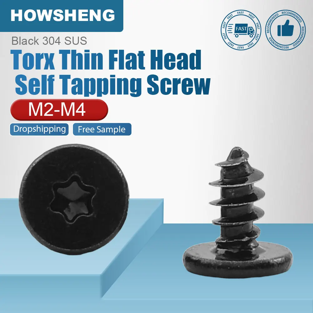 HOWSHENG 10-50pcs Torx Ultra Thin Flat Head Self Tapping Screws 304 Black Steel Stainless M2 M3 M4 Six-Lobe Super Lower Screws