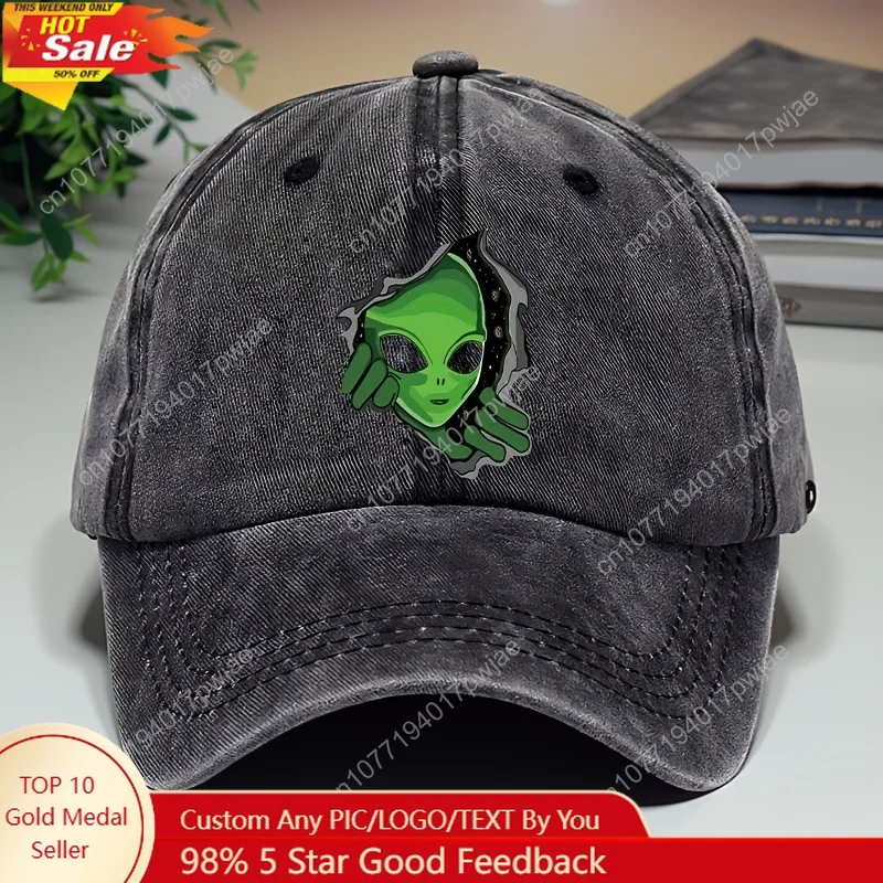 

Alien-themed baseball cap - Retro washed cap with green alien pattern Halloween headband hat