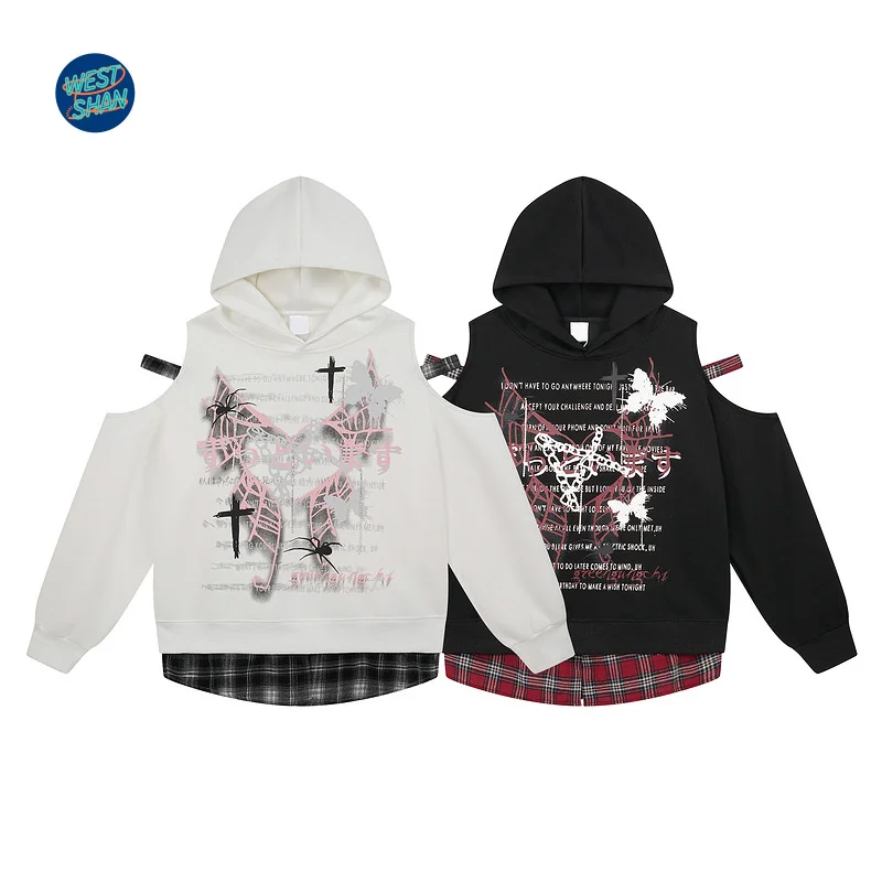 

Westshan Одежда высшего качества, размер ЕС, США, уличная толстовка с бабочкой Y2K, женская осенне-зимняя искусственная двухсекционная свободная толстовка с открытыми плечами