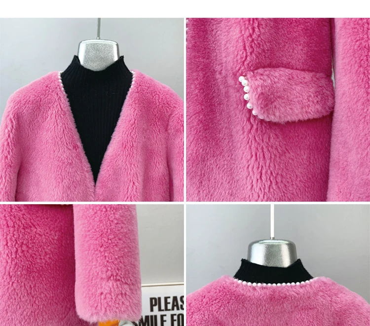 Dame elegante Schafe Lammfell warme Mäntel Frauen Mädchen Lamm Wolle Pelz Jacke Wintermantel Perle Dekoration Parka jt3242