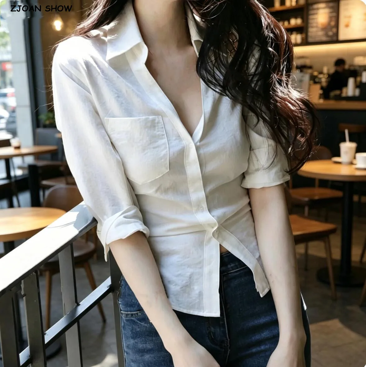 

3 colors Spring Summer Lapel V neck Linen 3/4 Sleeve Cropped Shirt Women Open Buttons Tie Bow Waist Slit Back Casual Blouses