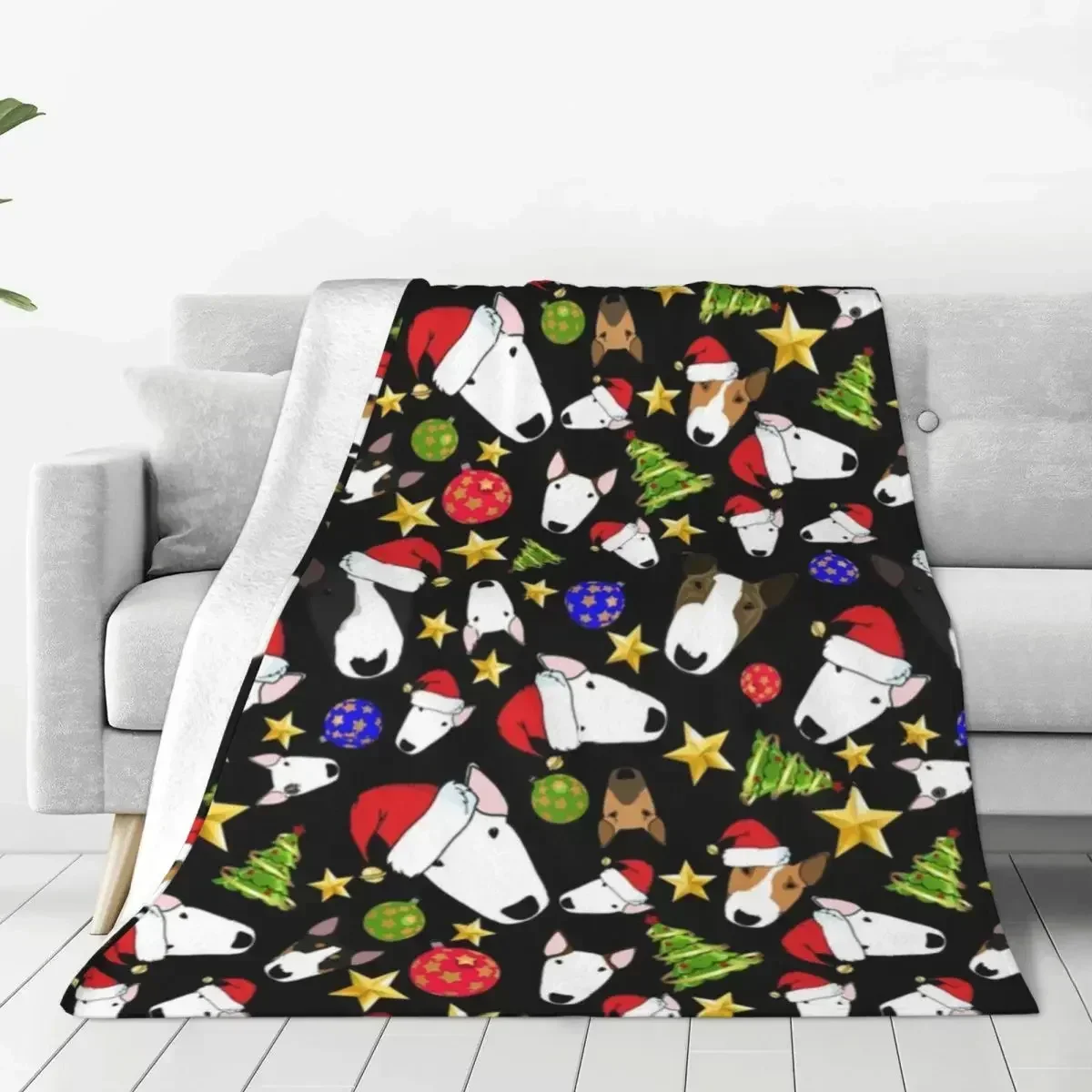 Funny Christmas Bull Terriers Flannel Throw Blanket  Warm Soft for Holiday Travel Outdoor Bedspread  Perfect Gift