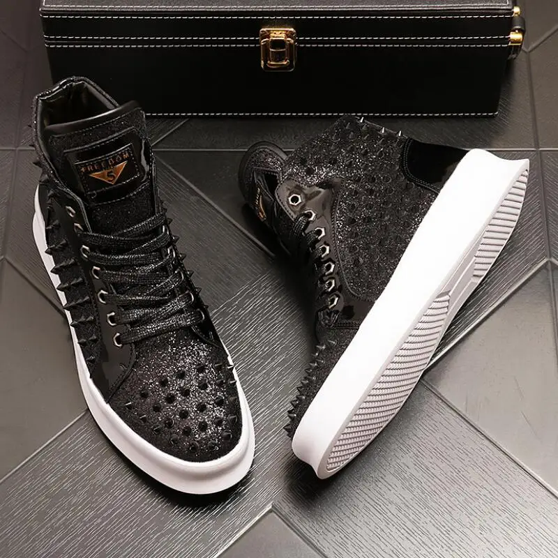 Men Studded Rivet Spike Lace Up High Tops Shoes Causal Flats Moccasins Luxury Punk Rock Boyfriend Sneakers A26