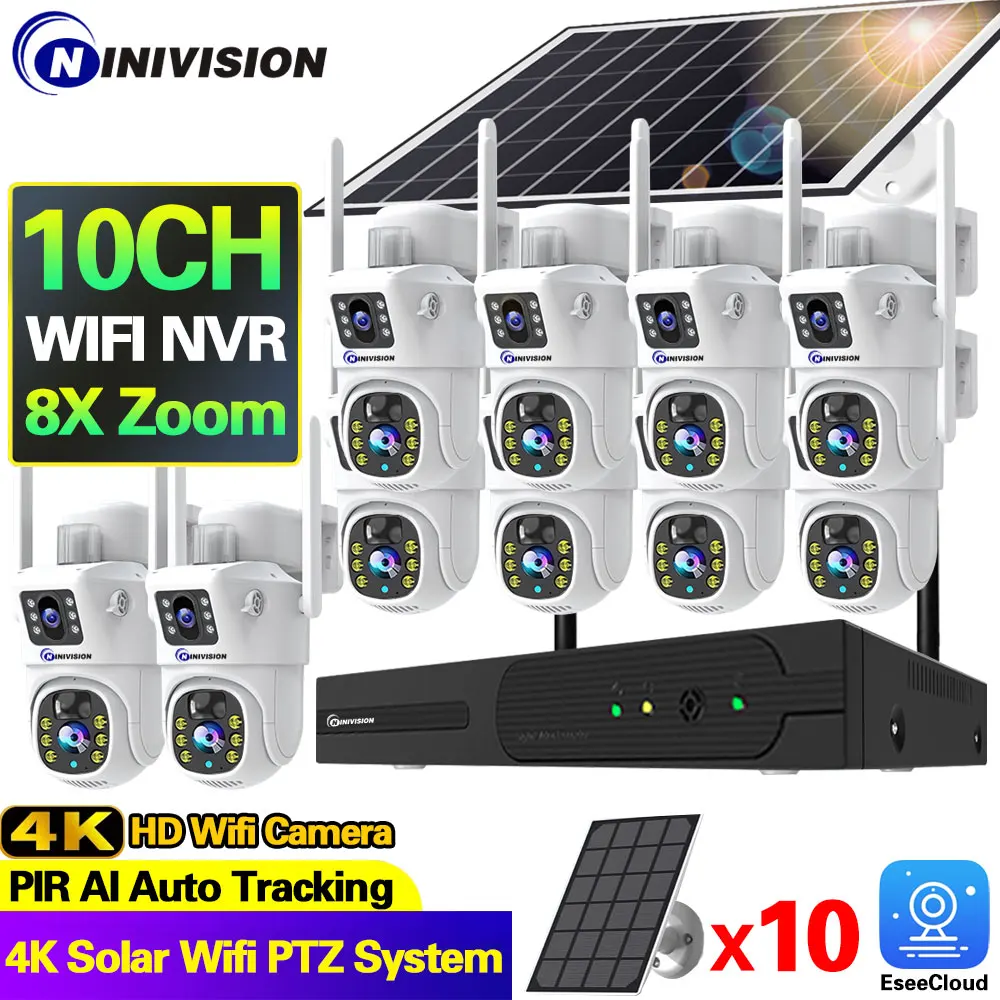 8MP 4K 8X Zoom Wireless Wifi PTZ Cameras Solar Panels With 10CH Display Wifi NVR Surveillance System Security Solar Camera Kits