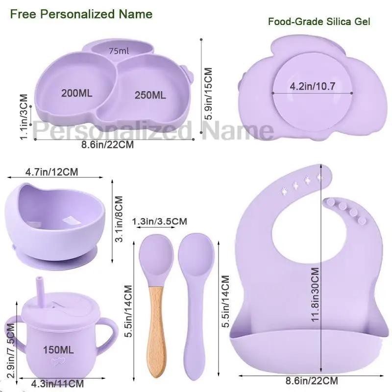 Free Personalized Name Baby Silicone Rabbit Divided Plate Set Baby Feeding Dishes BPA Free Bowl Plate Bibs Spoon Fork Sippy Cup